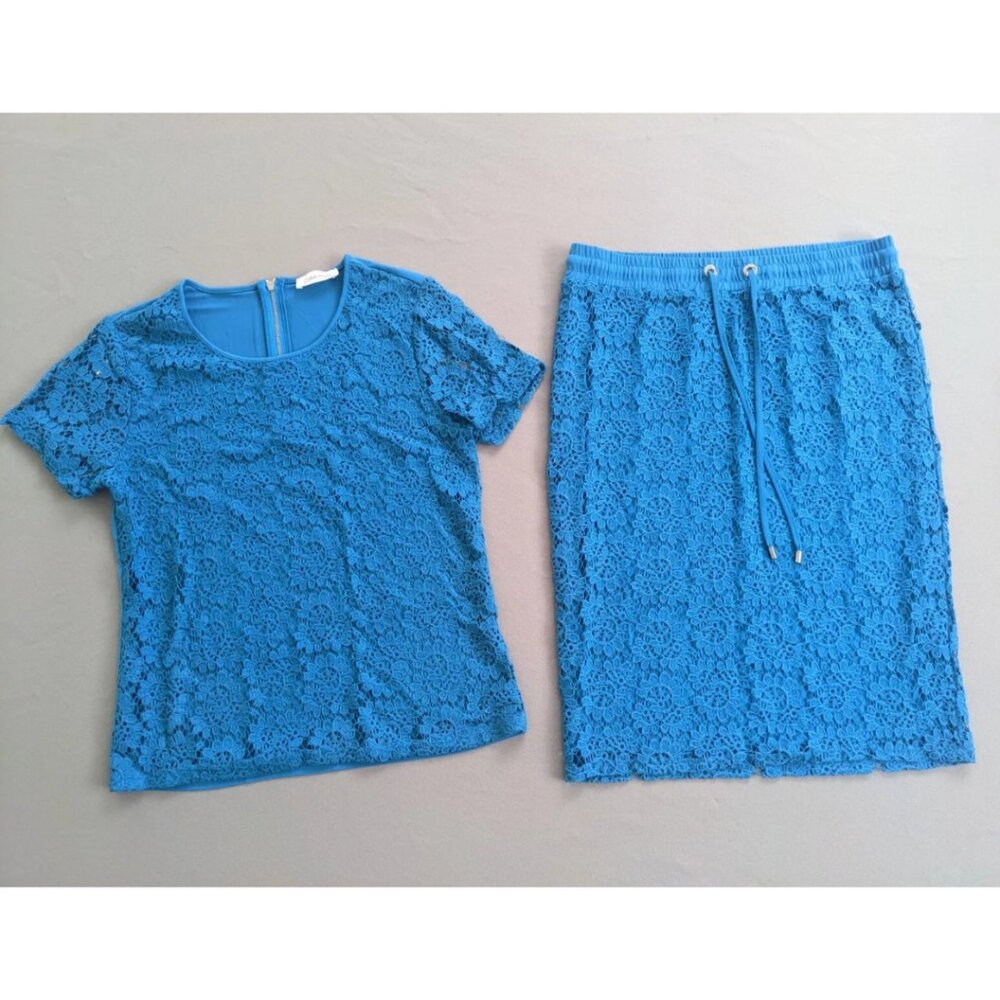 Calvin Klein 2 PC Shirt Skirt Set SZ SMALL Lace Short Sleeve V-Neck Pull-On Teal